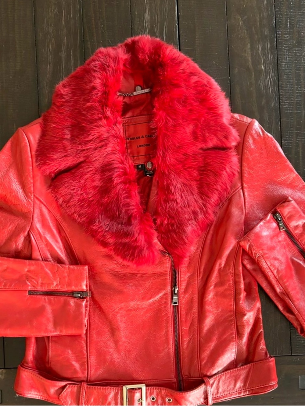 Red Leather Jacket w Fur Collar | Knoles & Carter | M